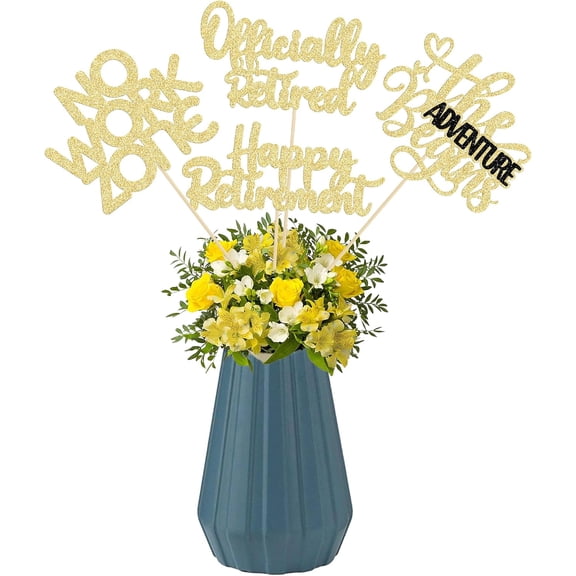 16Pcs Happy Retirement Centerpiece Sticks Officially Retired Table Flower Centerpieces Sticks No Work Zone Floral Decorations for Farewell Birthday Party Centerpieces Supplies Gold