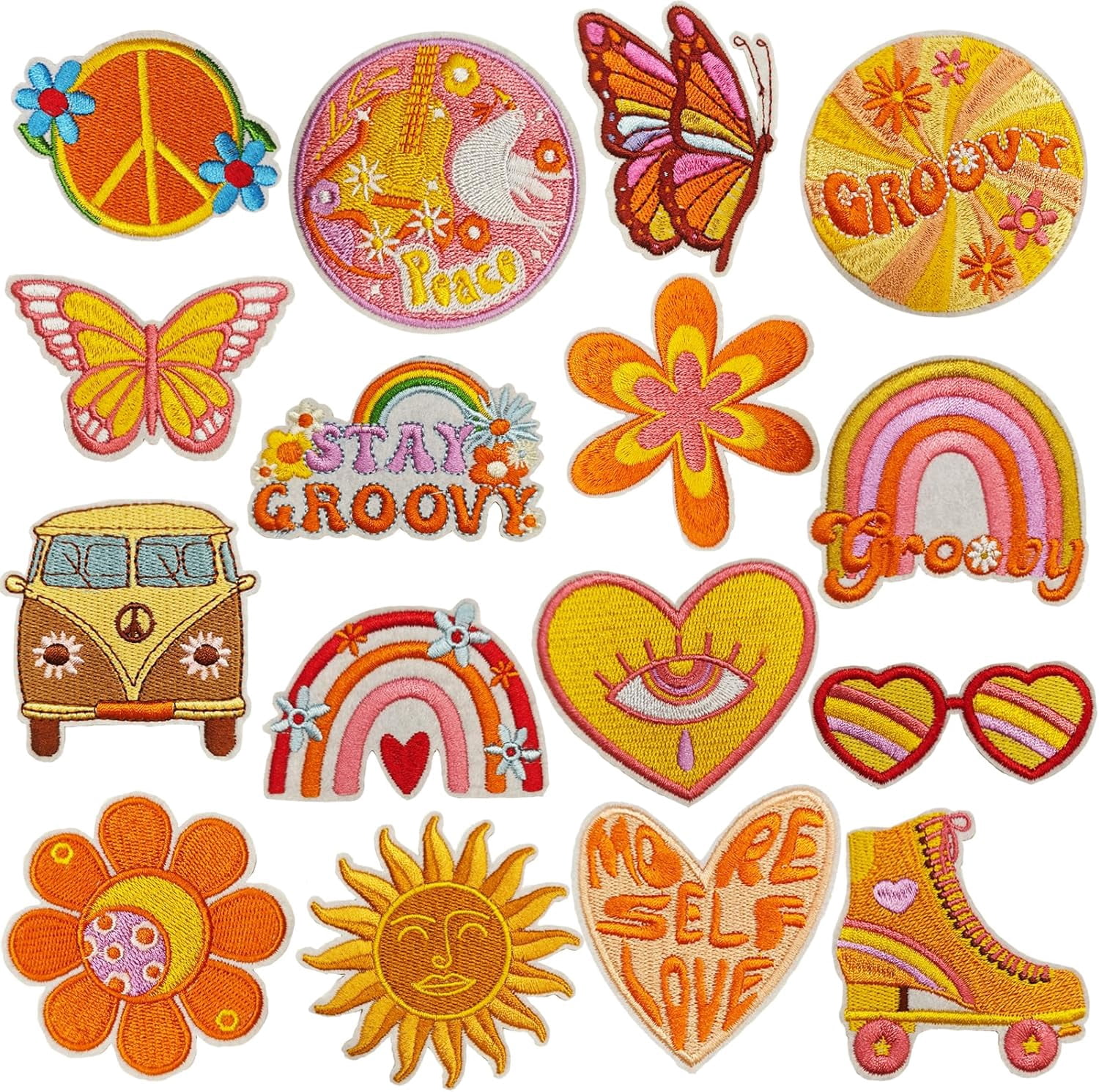 16Pcs Iron on Patches Kit, Hippie Vintage Boho Peace Sign Embroidered Patches DIY Accessories for Jackets, Hats, Backpacks, Jeans