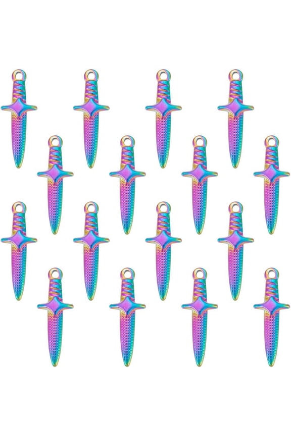 16Pcs Ion Plating(IP) 304 Stainless Steel Pendants Sword Charm Rainbow Color 24.5x9x4mm Hole: 1.5mm