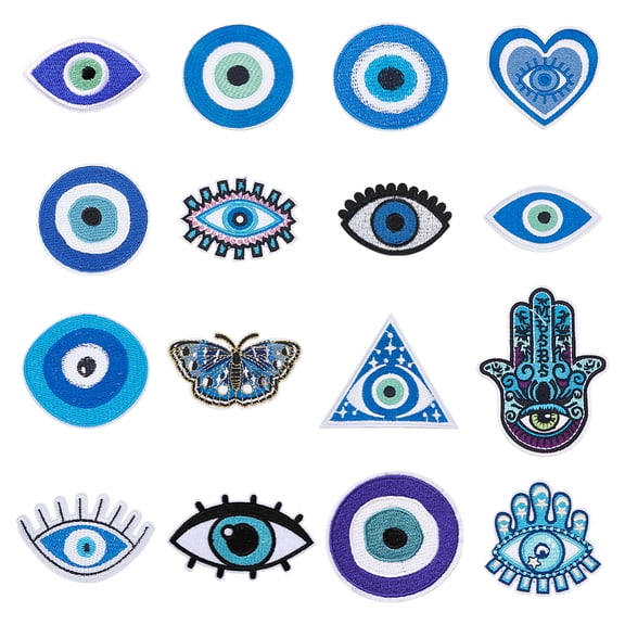 16Pcs Iron on Patches Blue Eye Embroidered Patches Hand Heart Eyes Theme Decorative Cloth Applique