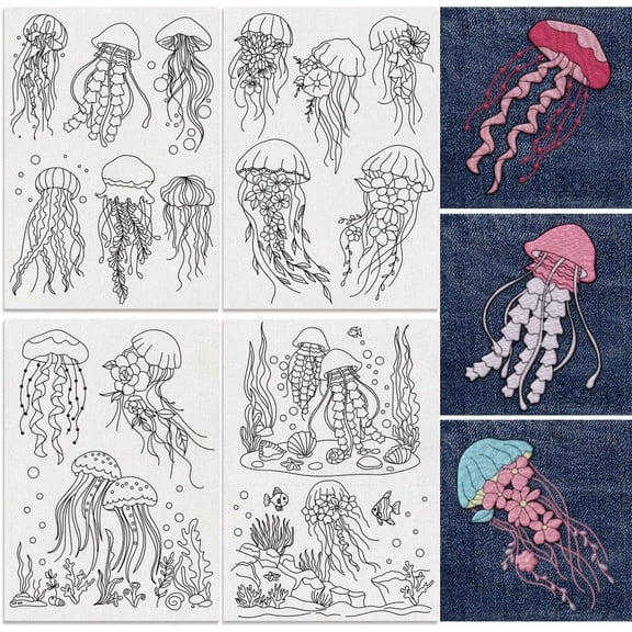 16Pcs Jellyfish Embroidery Pattern Stabilizers 8.3"x11.7" Ocean Creature Water Soluble Stick and Stitch Embroidery Stickers 4 Sheets Jellyfish Seagrass Hand Sewing DIY Embroidery Paper