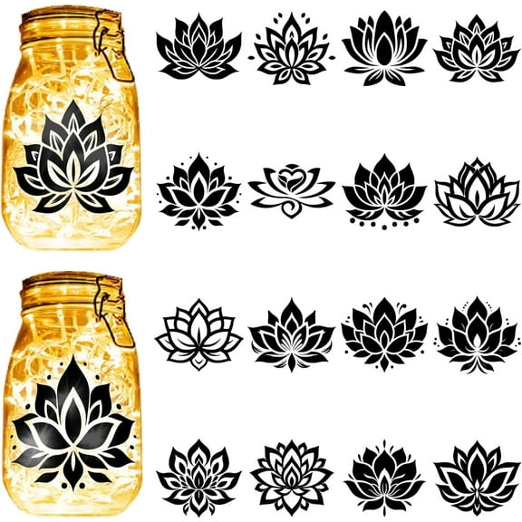 16Pcs July Lotus Flower Silhouettes Mason Jar Decor Laser Cut Cardboard Scrapbook Cutouts Die Cuts PVC for Crafting Lantern Jars Wall Painting Window Glass Phones 3.9x3.5Inch-No Sticker for DIY