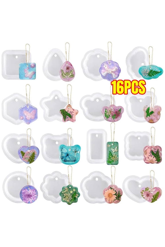 16Pcs Keychain Resin Molds Silicone with Hole, Jewelry UV Resin Keychain Molds, Epoxy Resins Mold for Keychains Pendant Jewelry Making