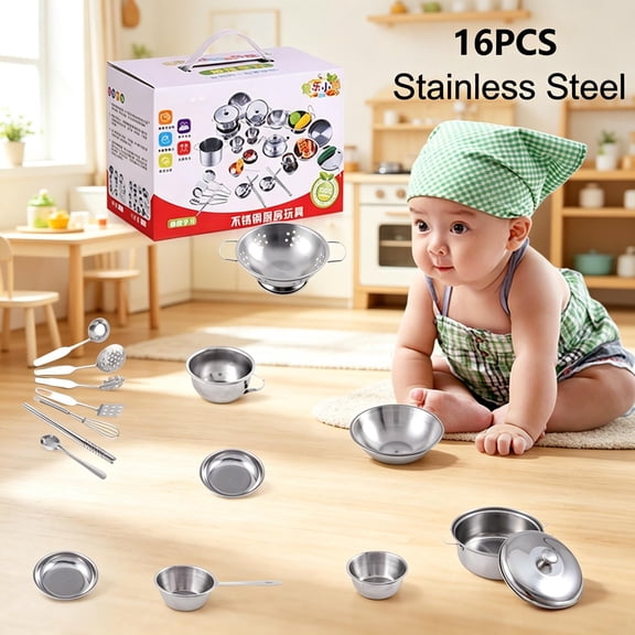 16Pcs Kids Mini Stainless Steel Pretend Kitchen Cookware Set, Chef Role Play Educational Toy, Birthday Holiday Family Game Gift for Toddler Boys Girls Ages 3+