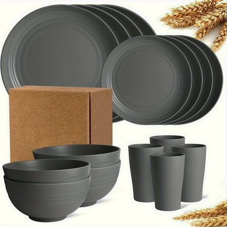 16Pcs Kitchen Plastic Wheat Straw Dinnerware Set,Dinnerware Sets for 4,Microwave Dishwasher Safe Plates, Unbreakable Reusable Plastic Wheat Straw Bowls & Plate for Camping