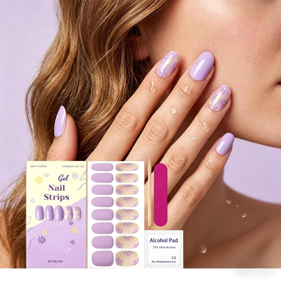 16Pcs Lavender Purple Floral Gel Nail Strips, Glossy 3D Embossed Full Wrap Nail Stickers, No UV Lamp Long Lasting Self-Adhesive Nail Wraps, Soft Gel Nail Kit For Home DIY Salon Daily Manicure Decor