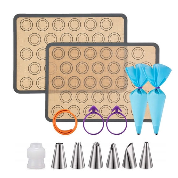 16Pcs Macaron Silicone Baking Mat Set,2 Pack Nonstick Half Sheet Macaroon Baking Mats with 6 Stainless Steel Piping Tips,2 Disposable Piping Bags,3 Bag Ties & 2 Couplers, Baking Accessories