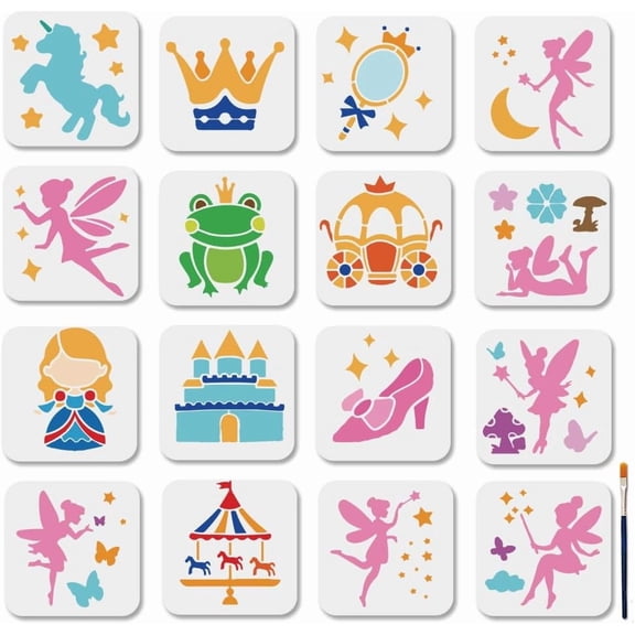 16Pcs Magic Fairy Stencil Set Princess Painting Stencils 5.95.9inch Reusable Fairytale Castle Drawing Template with Paint Brush for Craft on Window Wood Wall Home Decor colorful