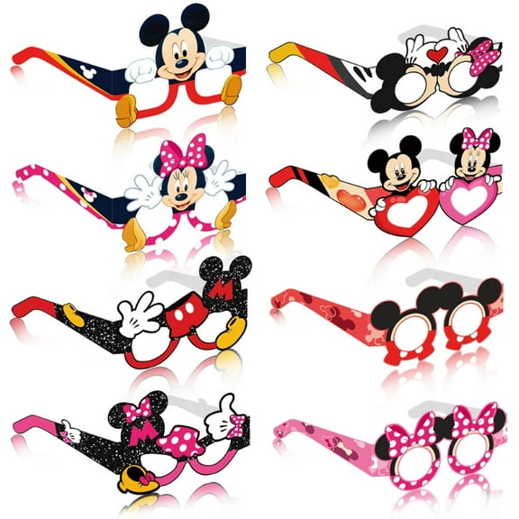 16Pcs Mickey and Minne Themed Paper Glasses, Party Supplies Photo Booth Prop Cartoon Character Cosplay Birthday Gift.