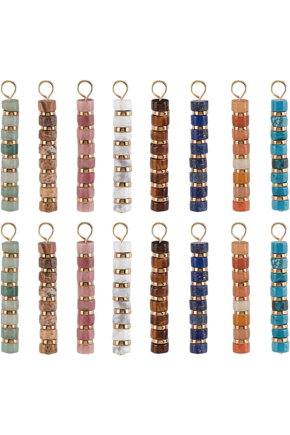 16Pcs Natural Gemstone Charm 8 Colors Mixed Stone Pendants Light Gold Copper Wire Wrap Charms Chakra Crystal Pendants for Earring Necklace Bracelet Jewelry Making 32.5x4x4mm