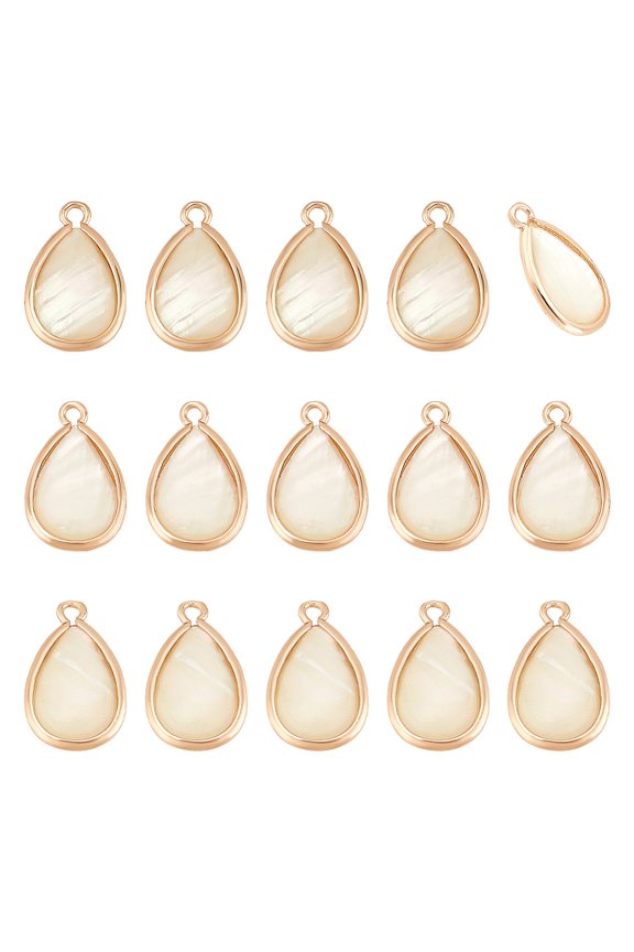 16Pcs Natural Paua Shell Brass Teardrop Charms White Golden 14x10mm Hole: 1.4mm