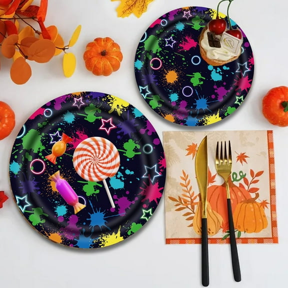 16Pcs Neon Plates Glow Birthday Party Supplies,Disposable Paper Dessert Plates,Tableware Glow in Dark Theme Party Decorations Favors for Colorful Graffiti Birthday Baby Shower,Neon Party Supplies