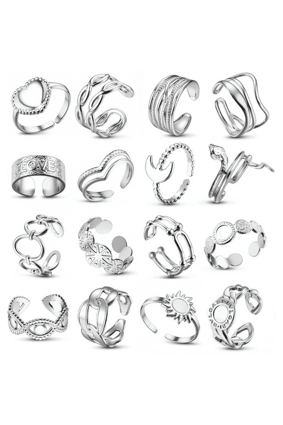 16Pcs Open Rings Set for Women Stainless Steel Cute Stackable Chunky Silver Rings Finger Rings Birthday Anniversary Party Jewelry Gift