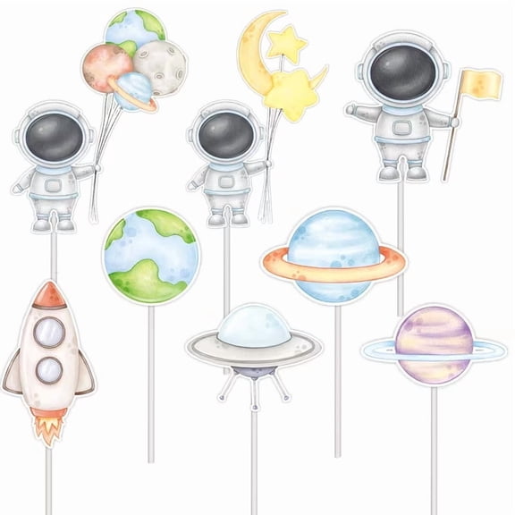 16Pcs Outer Space Cake Toppers Colorful Astronaut Cupcake Decorations