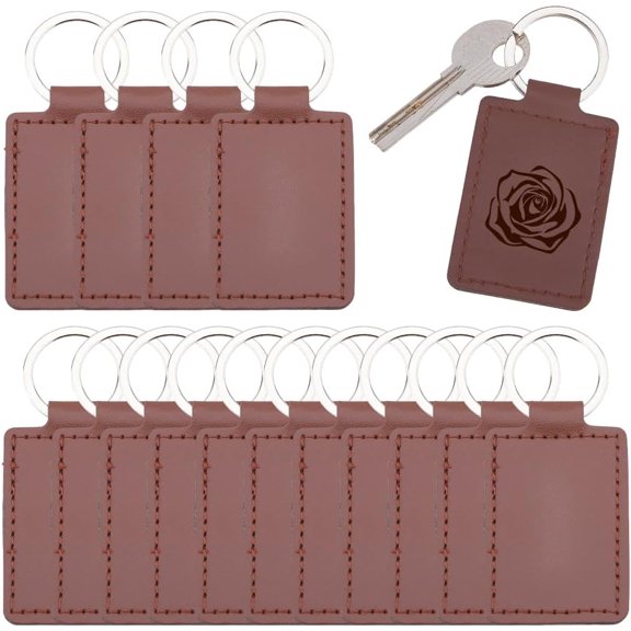 16Pcs PU Leather Keychain 8.8cm Laser Engraving Keychain Rectangle PU Key Fobs with Key Rings Coconut Brown Leather Keychains Blanks for Laser DIY Crafts Gift Accessories