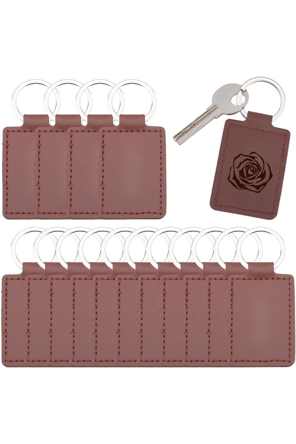 16Pcs PU Leather Keychain 8.8cm Laser Engraving Keychain Rectangle PU Key Fobs with Key Rings Coconut Brown Leather Keychains Blanks for Laser DIY Crafts Gift Accessories