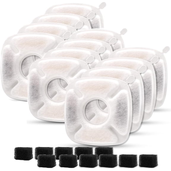 DENZUS Pet Fountain Filters Replacement, Compatible with 95Oz/2.8L Dog & Cat Water Fountain(12 Carbon Filters+12 Sponge)