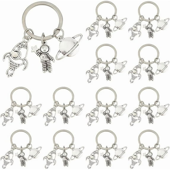 16Pcs Planet Astronaut Keychain Alloy Spaceman Rocket Charms Pendants Keyring Space Theme Accessories with Keyring Astronaut Space Party Favors for Backpack Bag Purse Gifts Silver