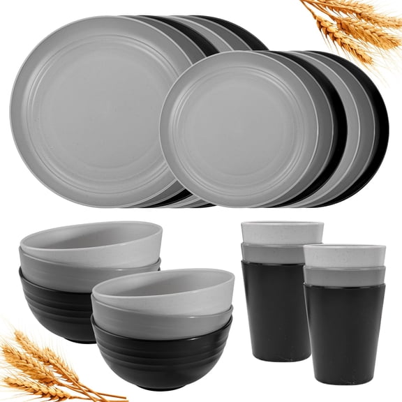 16Pcs Plastic Wheat Straw Dinnerware Set, Reusable Plastic Plate Set for 4, Kitchen Plates And Bowls Set (Pink) Include Dinner Platos, Dessert Platos, Cereal Bowls, Cups for Daily, Camping