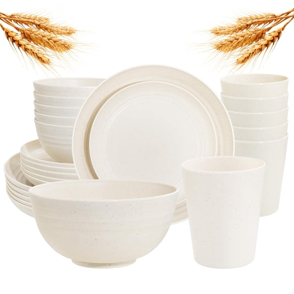 16Pcs Plastic Wheat Straw Dinnerware Set, Reusable Plastic Plate Set for 4, Kitchen Plates And Bowls Set (Pink) Include Dinner Platos, Dessert Platos, Cereal Bowls, Cups for Daily, Camping
