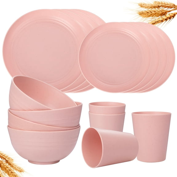 16Pcs Plastic Wheat Straw Dinnerware Set, Reusable Plastic Plate Set for 4, Kitchen Plates And Bowls Set (Pink) Include Dinner Platos, Dessert Platos, Cereal Bowls, Cups for Daily, Camping