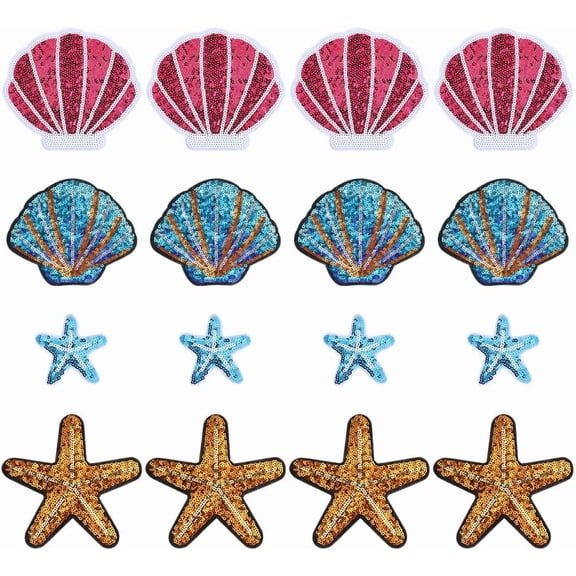 16Pcs Polyester Sequin Self Adhesive Patches Stick On Patch Costume Accessories Appliques Shell Shape Starfish 62-121x60-126x1.3mm for DIY cratf