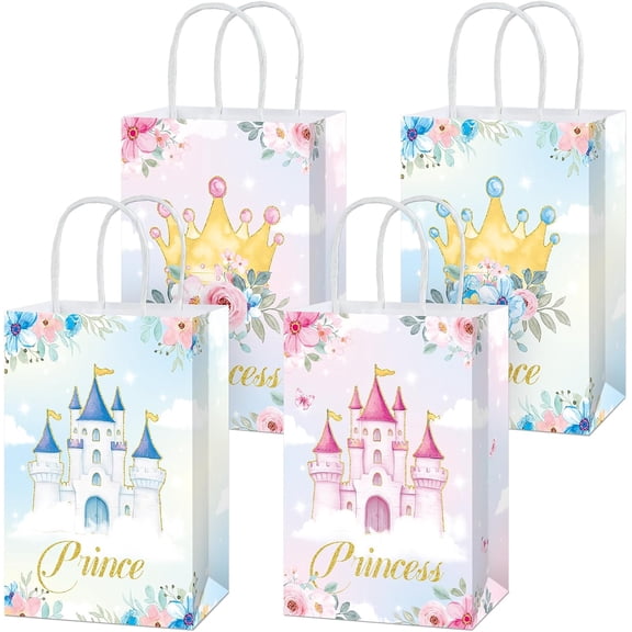 16Pcs Princess Prince Party Favor Bags Princess Paper Treat Bag with Handles Prince Castle Candy Goodie Gift Birthday Bags for Party Decorations Boys Girls Gender Reveal Baby Shower Wedding Supplies