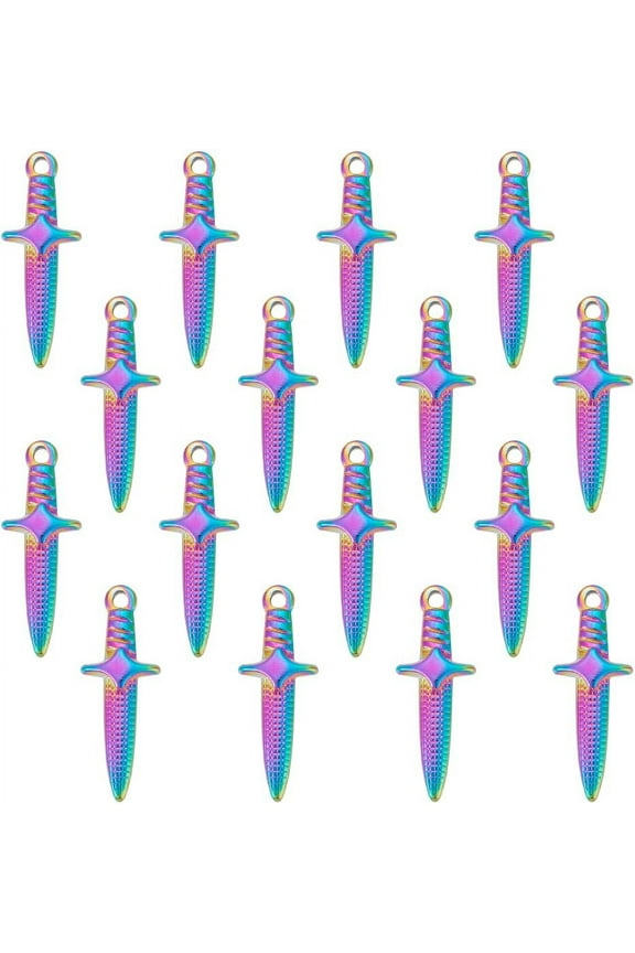 16Pcs Rainbow Sword Pendants 24.5mm Stainless Steel Dagger Charms Hypoallergenic Punk Earring Sword Charms Metal Bracelets Charm for DIY Jewelry Making