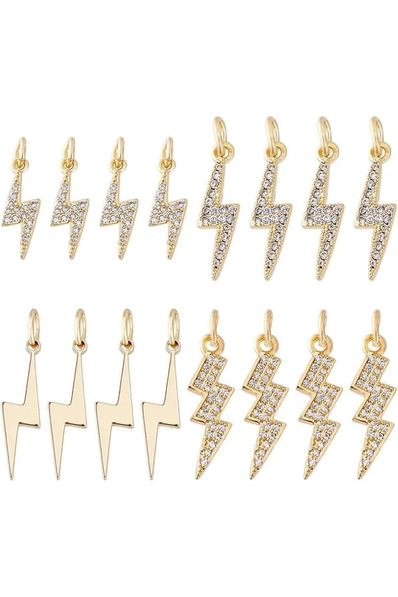 16Pcs Real 18K Gold Plated Lightning Charms Cubic Zirconia Brass Celestial Thunder Bolt Charms Flash Shape Charms for Bracelet Necklace Earrings Jewelry Making Supplies