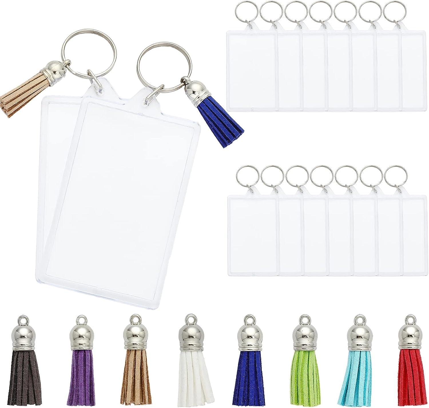 16Pcs Rectangle Acrylic Photo Frame Keychain with Iron Key Ring with 16Pcs 8 Colors Suede Tassels Mixed Color 3.8~12.2x1cm
