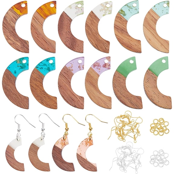 16Pcs Resin Wooden Earring Pendants Arc Resin Walnut Wood Earring Vintage Resin Wood Statement Earring with 32pcs Hooks and 32pcs Jump Ring for Jewelry Making DIY Crafts - 8 Color Mixed Color