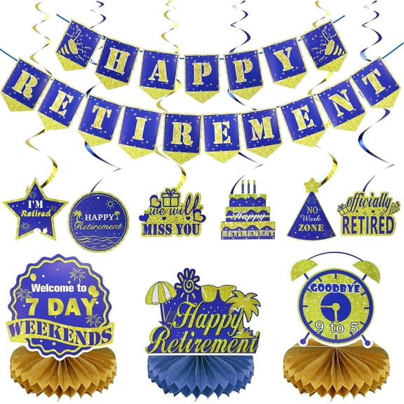 16Pcs Retirement Party Decorations for Women Men, Blue Gold Retirement Decorations - Happy Retirements Banner, Hanging Swirls, Table Decor - Retired Farewell Party Decor Supplies