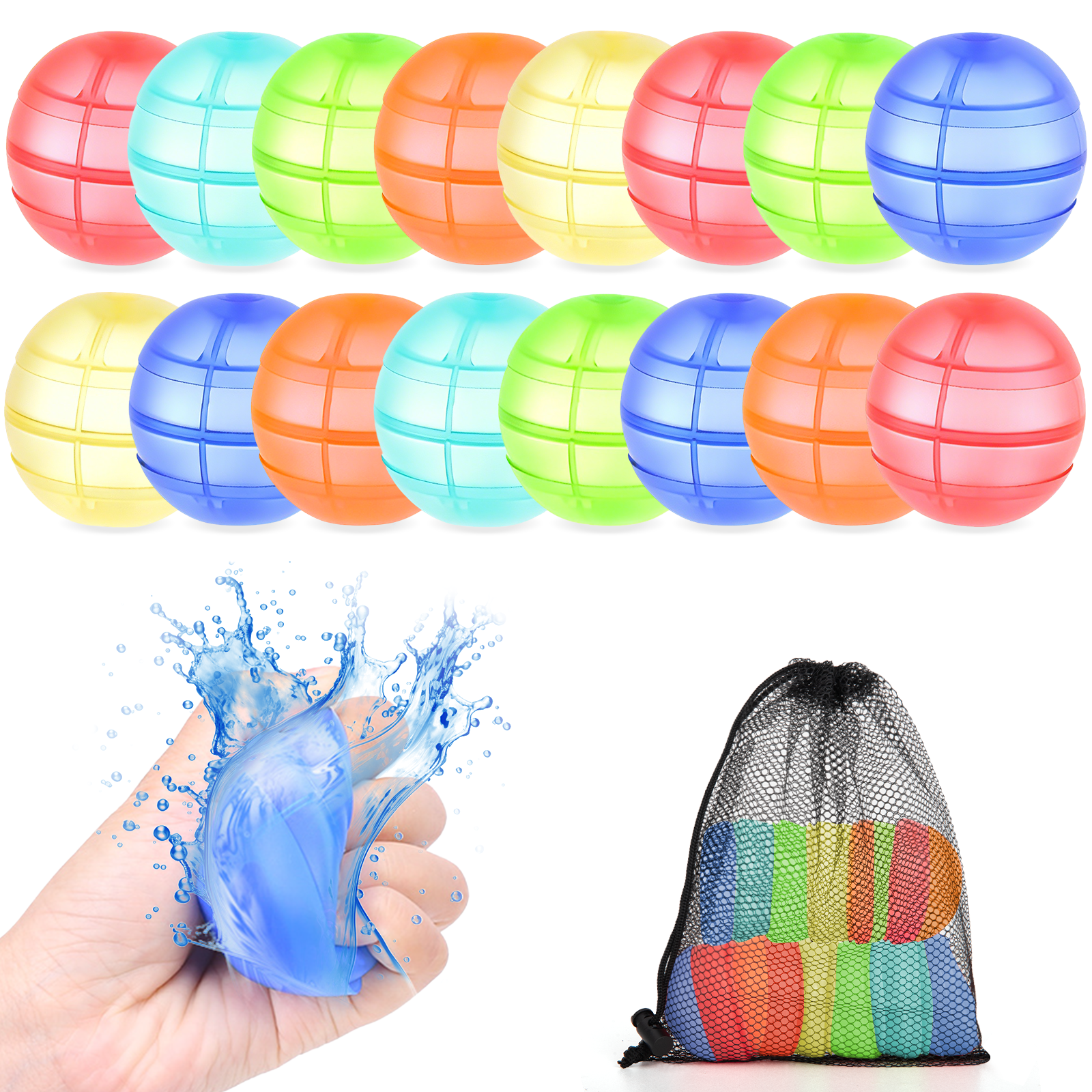 16 Count Reusable Water Balloons, Easy Fill Self Sealing Silicone Water Bombs, Soft Summer Water Toys for Family Backyard Party, Bulk Reusable Water Balloon Set
