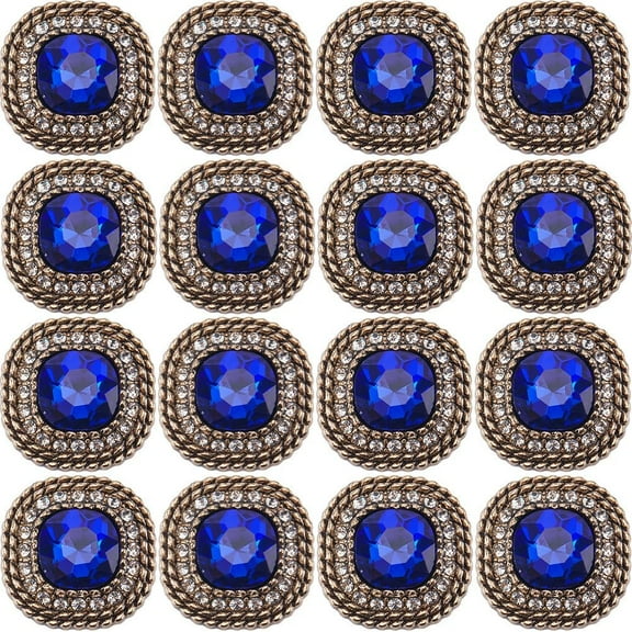 16Pcs Rhinestone Shank Buttons 24mm Sapphire Buttons Light Gold Square Cut Rhinestones Vintage Copper Hollow Metal Shank Sewing Coat Buttons for Uniforms Suits Blazer Coat Jacket