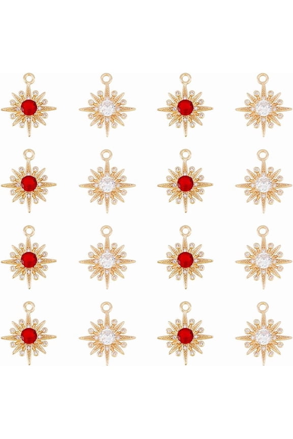 16Pcs Rhinestone Star Pendants Brass Micro Pave 8-point Star Charms Light Gold Celestial with 2 Colors Gems Pendants Small Cubic Zirconia Charms for Jewelry Making Hole: 1.8mm Colorful DIY