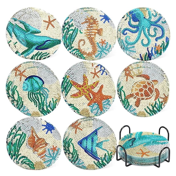 16Pcs Rhinestones Art Painting Coasters with Holder 8 Styles Marine Animals Rhinestones Painting Coasters Holiday Birthday Gift DIY Coasters Art and Crafts for Adults and Beginner