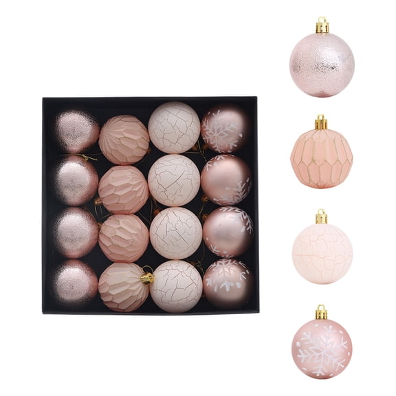16Pcs Rose Gold Christmas Ball Ornaments , B Glitter Faceted and Snowflake Baubles in Gift Box for Xmas Tree Decor