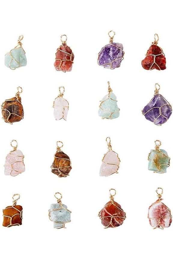 16Pcs Rough Raw Natural Mixed Stone Pendants with Real 18K Gold Plated Eco-Friendly Copper Wire Wrapped Nuggets Charm 24~30x17~21x12~16mm Hole: 1.8~3mm