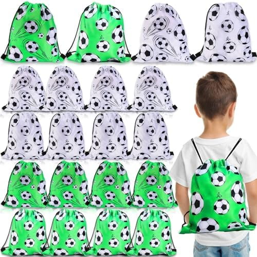 16Pcs Soccer Party Bags,Soccer Drawstring Bags,Portable Soccer Goodie Bags,Soccer Party Favors Snack Bags,Soccer Treat Bags for Kids Gym Sports Travel Class Birthday Soccer Theme Party,12 x 10 Inch