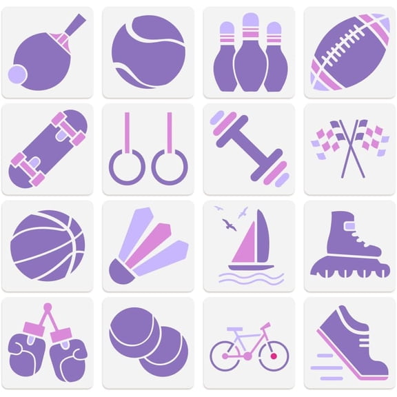 16Pcs Sports Wall Stencil Templates 5.9 x 5.9 Inch Reusable Plastic Ball Stencils for Painting on Wood Wall Floor Fabric Glass Furniture DIY Home Decor Stencils Craft Drawing Stencils