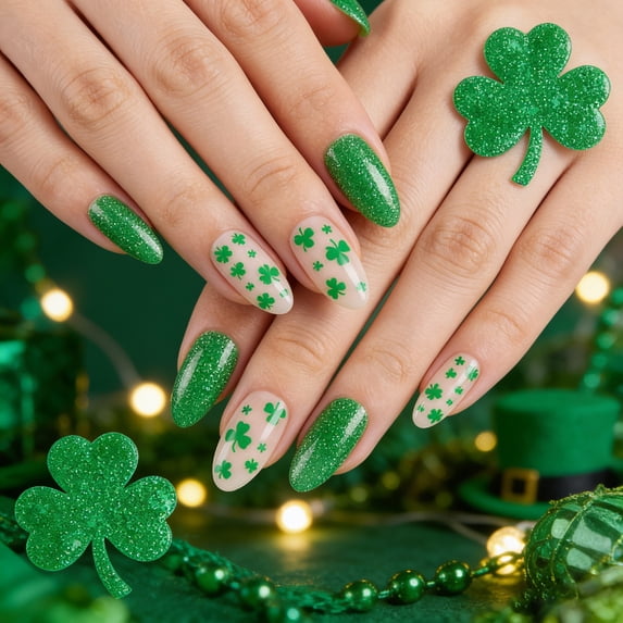16Pcs St. Patrick's Day Green Glitter Nail Polish Strips, Waterproof Long‑Lasting Self‑Adhesive Nail Art Stickers, Soft‑Film Nail Wraps for Women Holiday Party Daily Wear DIY Manicure Decorative