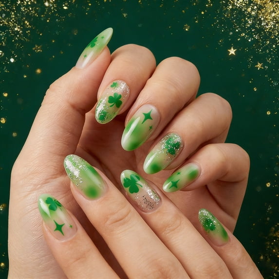 16Pcs St. Patrick's Day Green Glitter Nail Polish Strips, Waterproof Long‑Lasting Self‑Adhesive Nail Art Stickers, Soft‑Film Nail Wraps for Women Holiday Party Daily Wear DIY Manicure Decorative