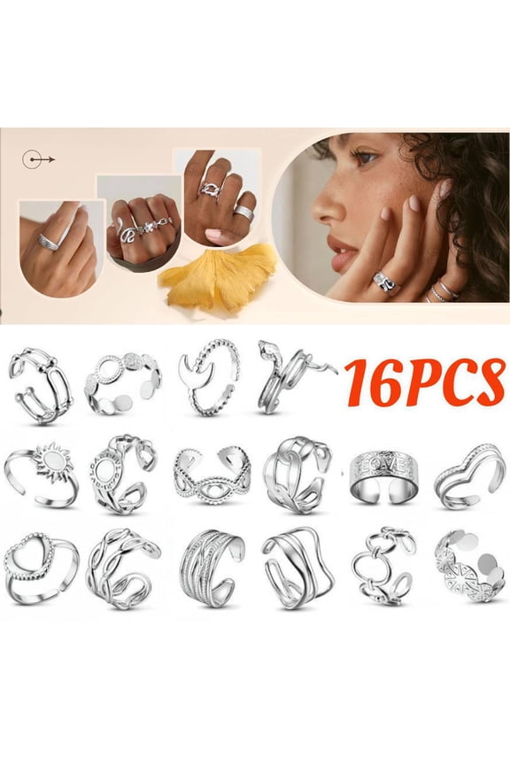 16Pcs Stackable Stainless Steel Rings | Hypoallergenic Non-Tarnish Silver Tone Jewelry, Adjustable Statement Ring Set for Women & Men, Daily Wear & Gifting