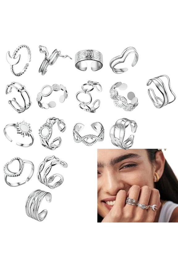 16Pcs Stackable Stainless Steel Rings | Hypoallergenic Non-Tarnish Silver Tone Jewelry | Adjustable Statement Ring Set for Women & Men, Daily Wear & Gifting