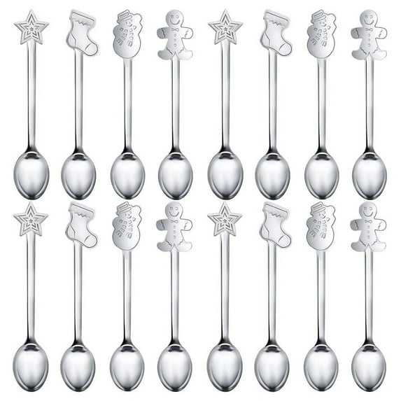 16Pcs Stainless Xmas Coffee Spoons Dessert Spoon Kitchen New Year Gifts Silver
