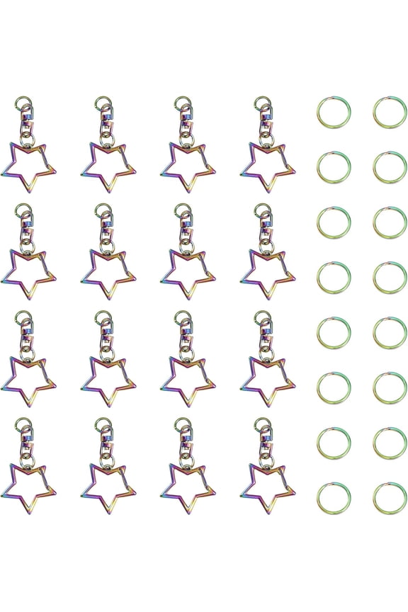 16Pcs Star Alloy & Iron Swivel Keychain Claps with 16Pcs Ion Plating(IP) 304 Stainless Steel Split Key Rings Rainbow Color Keychains Claps: 49mm Star: 24.5x26.5x2mm 32pcs/box