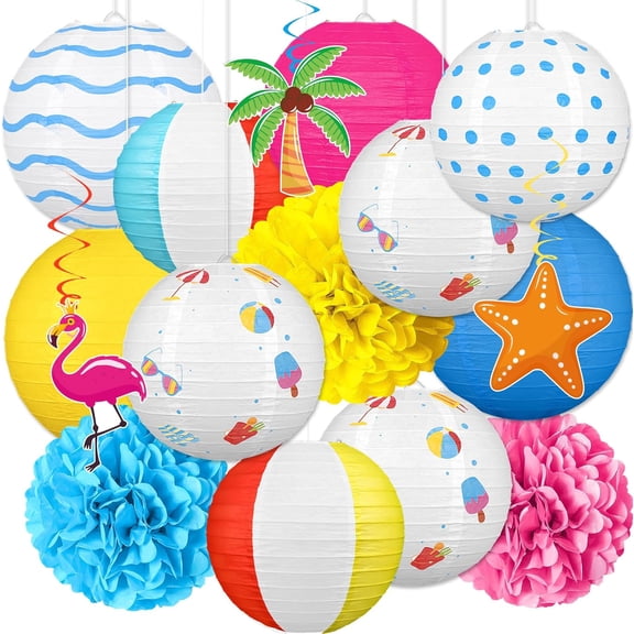 16Pcs Summer Party Decorations Paper Lanterns Pom Poms Hanging Swirls - Beach Pool Luau Hawaiian Tropical Hanging Decor for Home Birthday Outdoor Indoor Holiday Christmas Winter