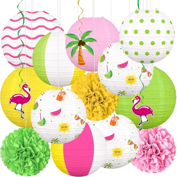 16Pcs Summer Party Decorations Paper Lanterns Pom Poms Hanging Swirls - Luau Beach Pool Hawaiian Tropical Hanging Decor for Home Birthday Outdoor Indoor