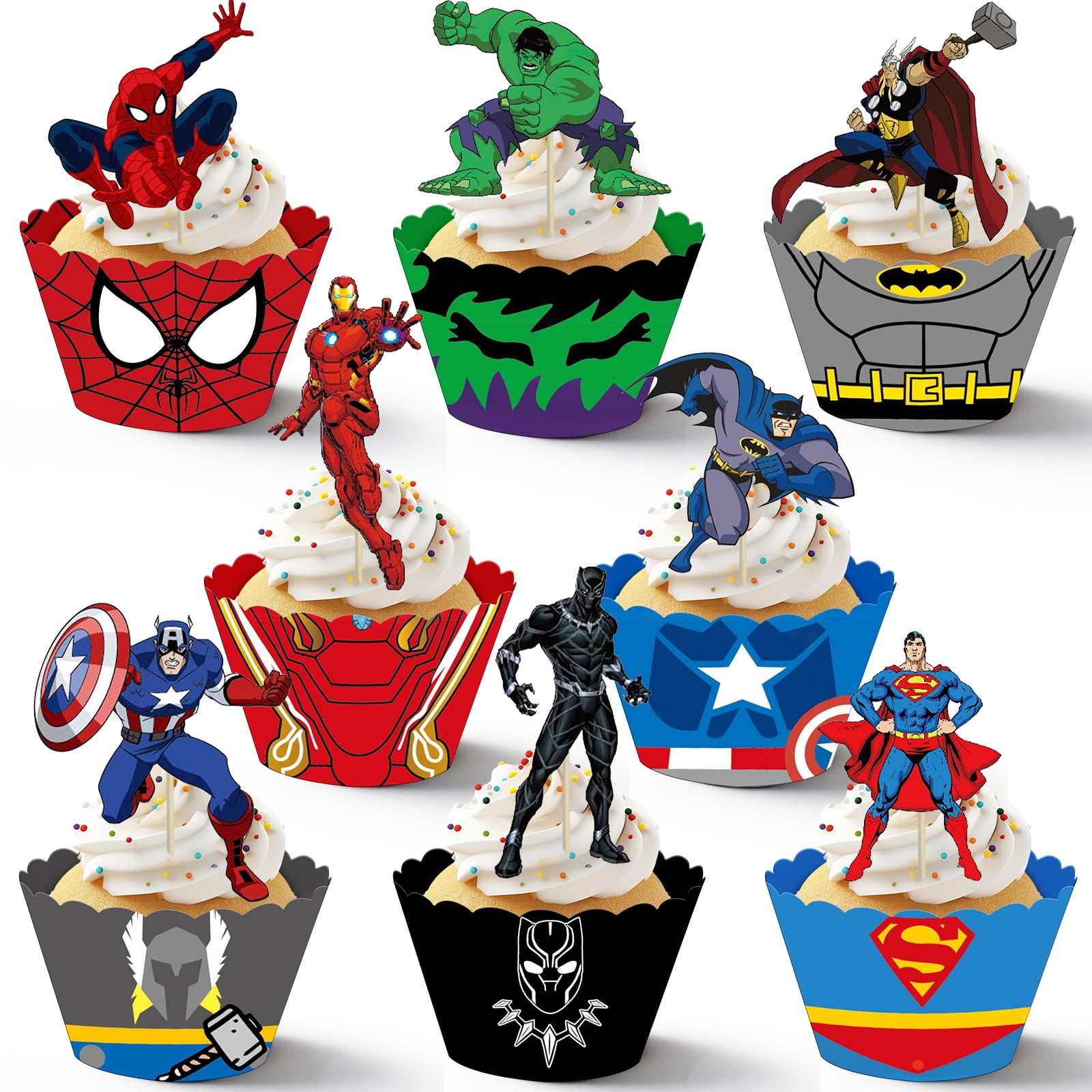 16Pcs Superhero Birthday Party DecorationsCake toppersCupcake Display Cases For Muffins and Cupcakes, Paper Baking Cup Decoration