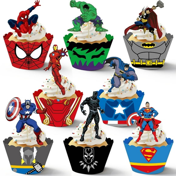 16Pcs Superhero Birthday Party DecorationsCake toppersCupcake Display Cases For Muffins and Cupcakes, Paper Baking Cup Decoration